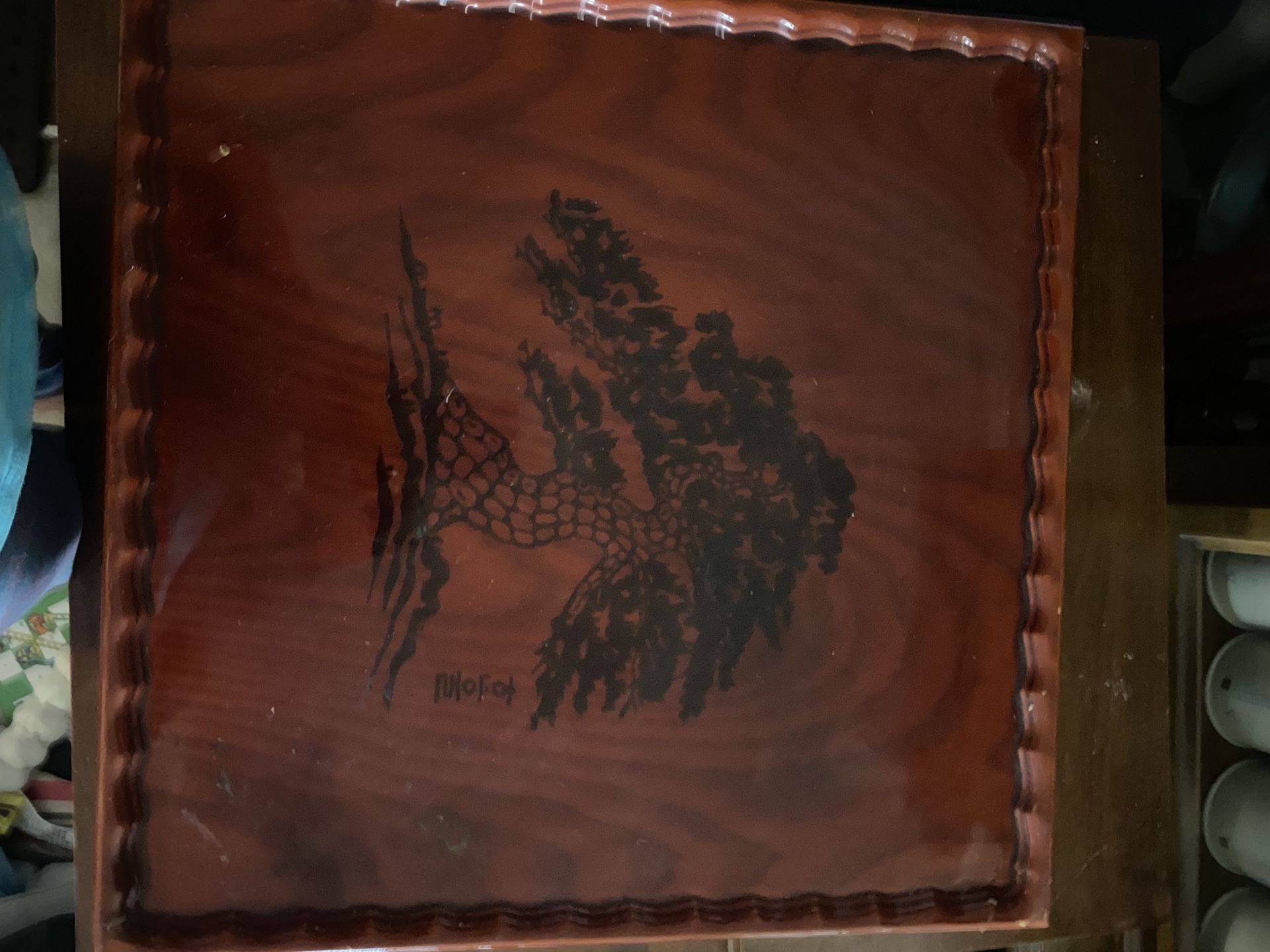 Decorative Wooden Tray or Panel with Stylized Tree Art - Signed "MOFOU"