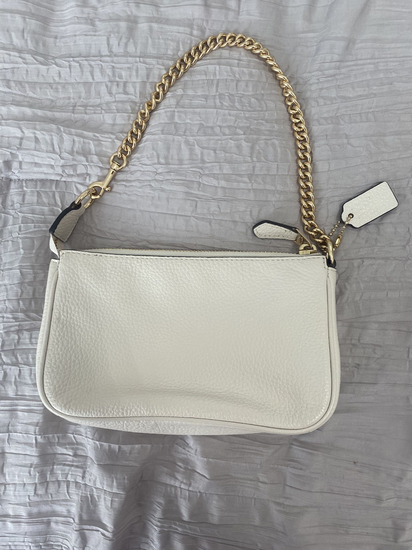 White Leather Coach Mini Hand Bag With Gold Chain for Sale in