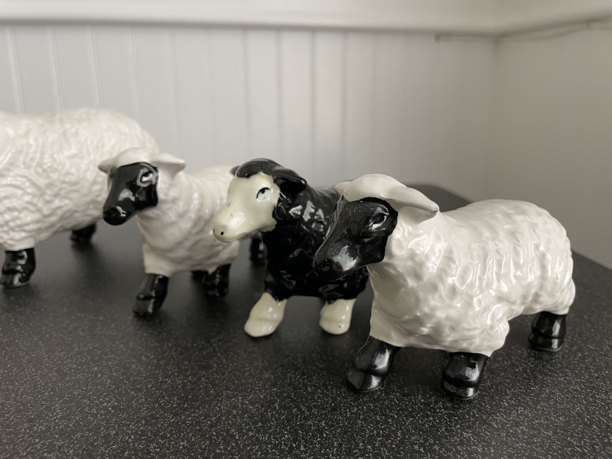 Sheep Figurines – Four Total, With Black Sheep, Excellent Condition