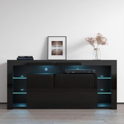 Meble Furniture Minelli 61" TV Stand with LED Light System — Modern Entertainment Center with Storage Cabinets — High Gloss, 61 x 15.7 x 20 inches — B