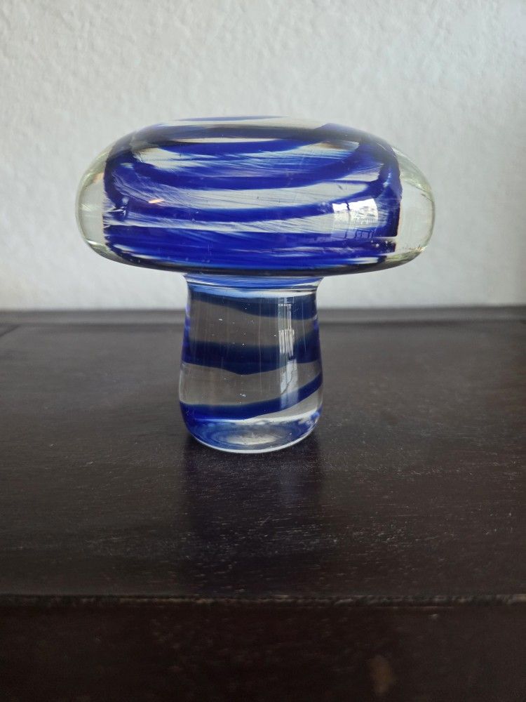 Glass Mushroom Paperweight With Blue Swirl