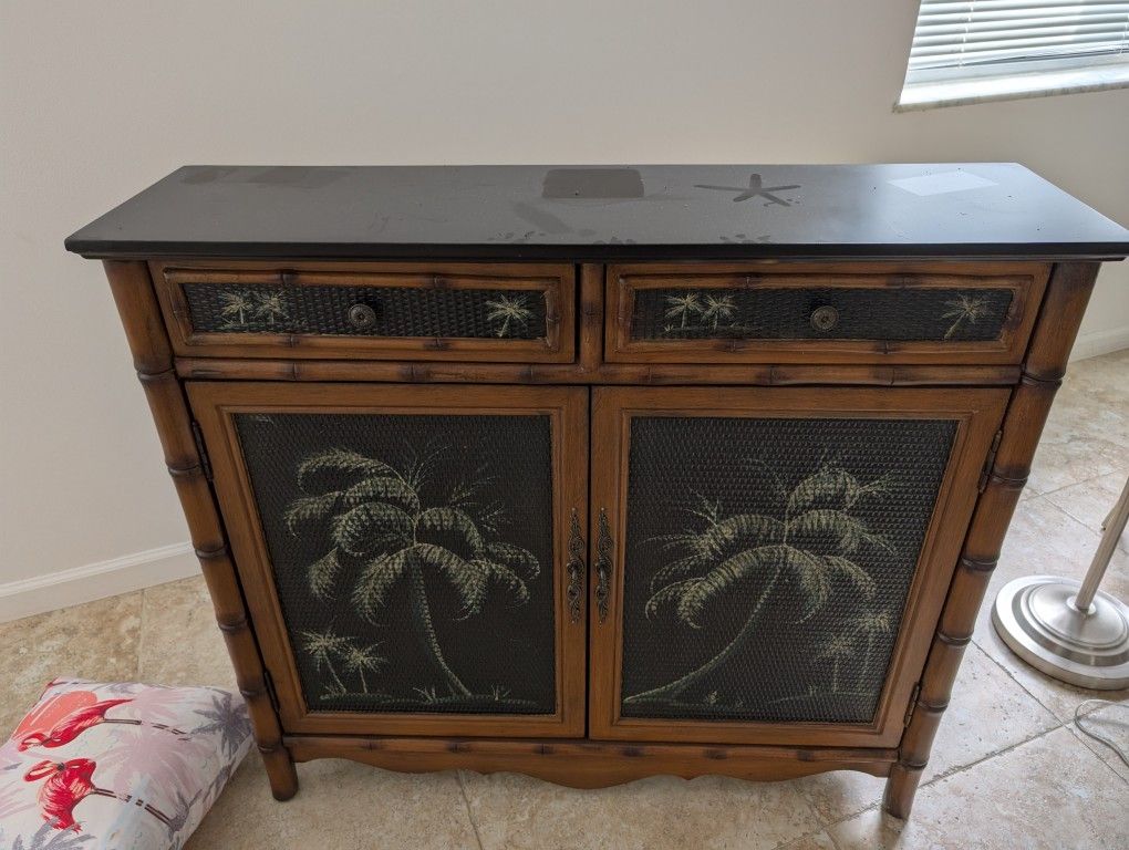 2 Drawer Palm Tree Wooden Accent Storage Console 
