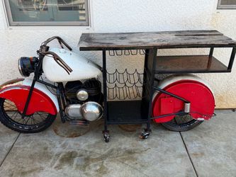 Cool Rusty Motorcycle Bar Cart Console Table with Wine Rack & Wheels – Red/White