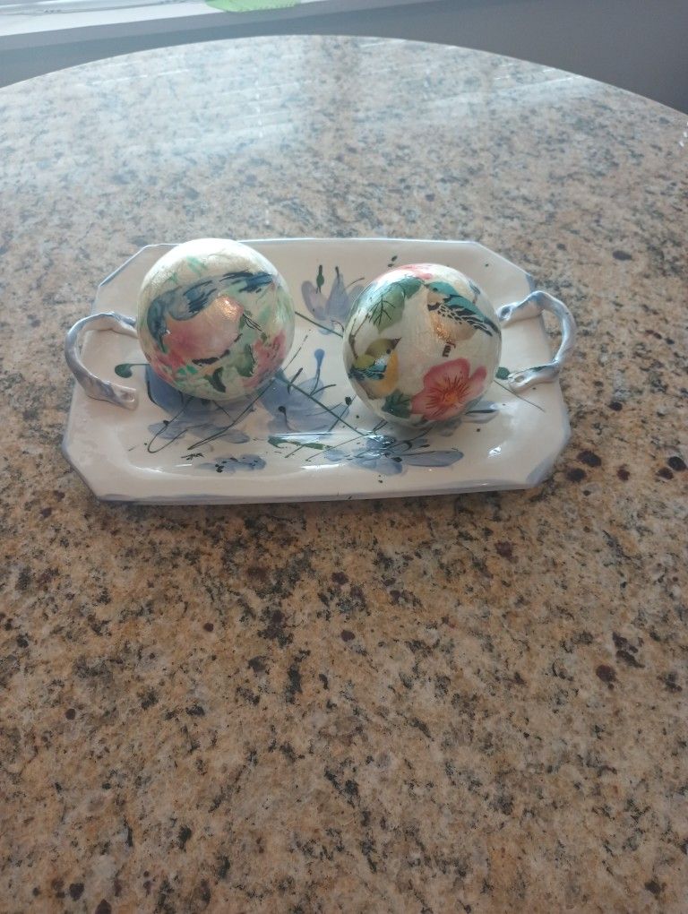 Pottery or 2 Paper Mache Decor Balls, with Colorful Birdsor Hand Painted Studio Pottery Serving Rectangle Platter Ceramic or Stoneware, Floral Motif