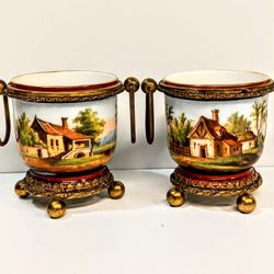 Pair Antique Porcelain Cachepots Ormolu Mounts Hand-Painted Pastoral Exc Cond