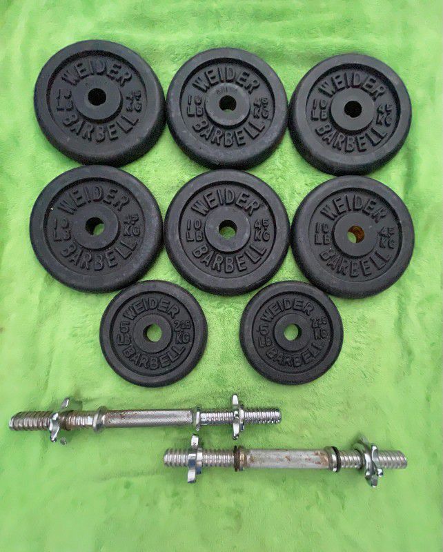 STANDARD ADJUSTABLE DUMBBELLS (75 LBS.)  :  (SIX) 10s  &  (PAIR OF)  5s.  + PLUS TWO DUMBBELL HANDLE BARS.