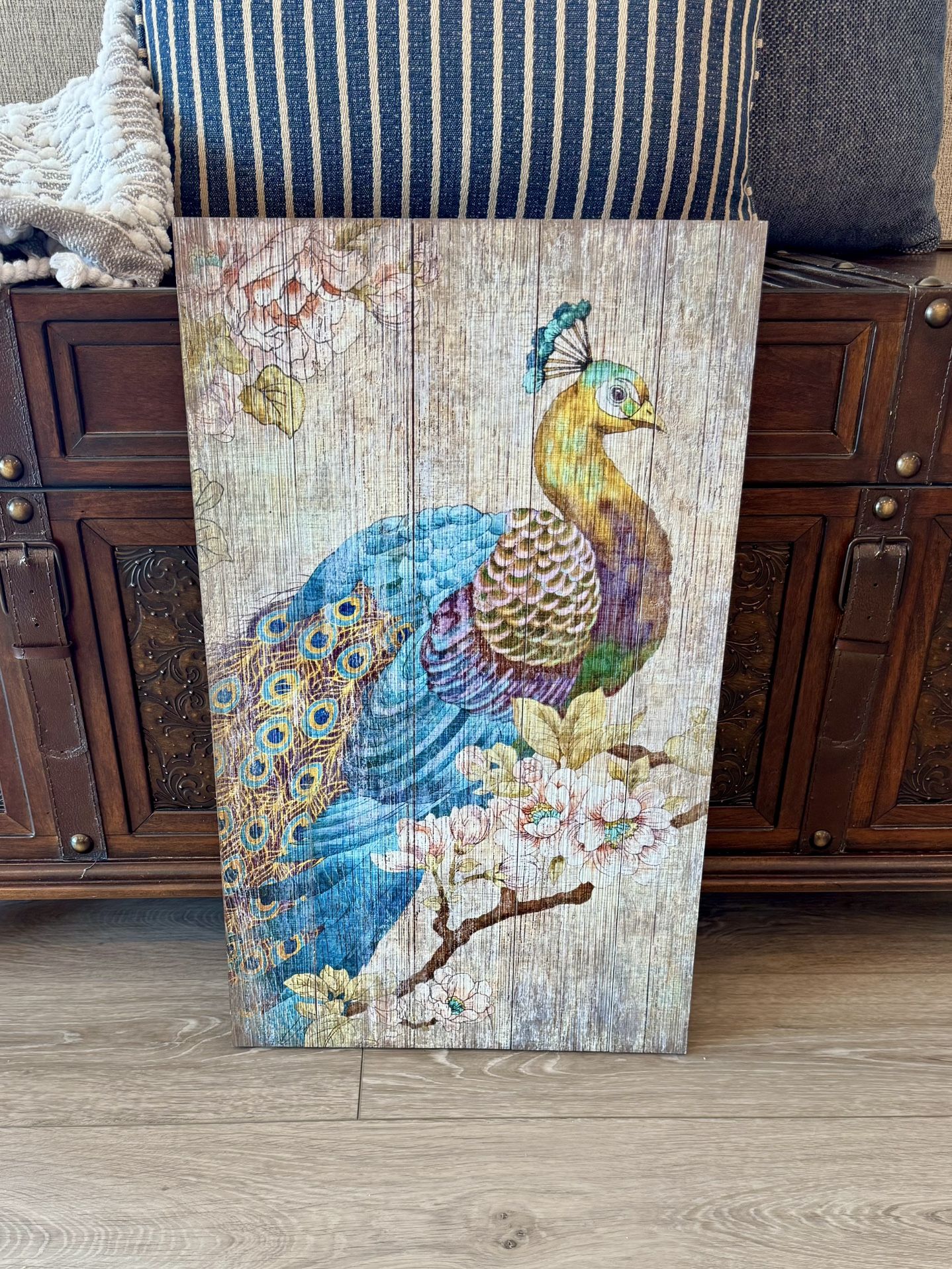 Rustic Peacock Print On Wood 