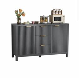 47.2" Fluted Sideboard Buffet Cabinet with 3 Drawers & 2 Doors, Modern Black Credenza with Adjustable Shelves, Kitchen Dining Room Storage Coffee Bar