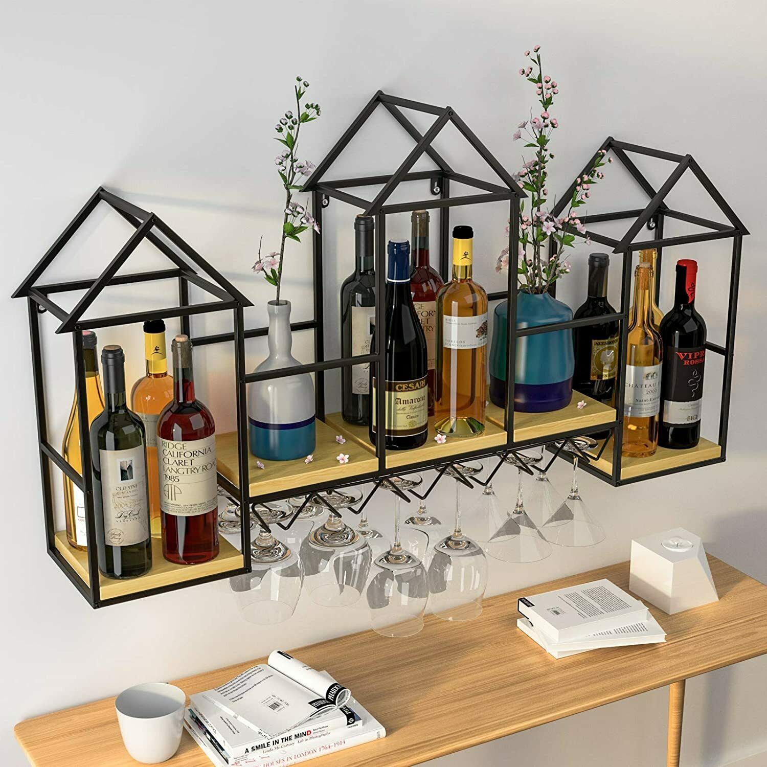 Wall Mounted Metal Wine Holder Wine Rack with 6 Stem Glass Holder & 3 Shelves