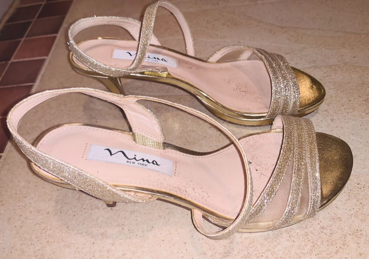 Beautiful Women’s NINA Gold Sparkly Sheer Toe Strappy Heels, Size 6.5W / 36.5
