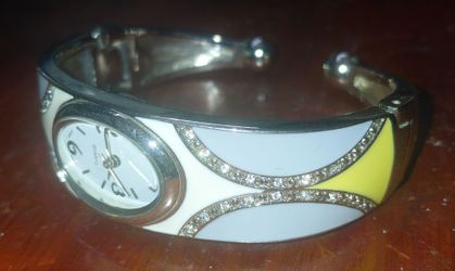Fabulous White Gray Yellow Enameled LST Cuff Watch