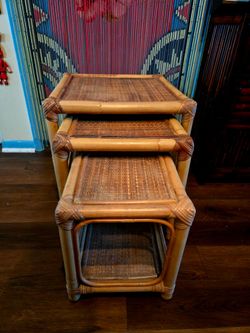 Vintage 1970s bamboo& rattan nesting table set MCM Authentic   Bamboo Frame 20" ×19.5"
