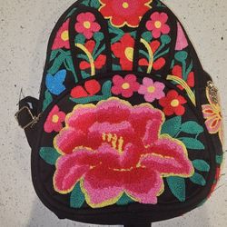 Pink red floral bunny embroidery backpack canvas