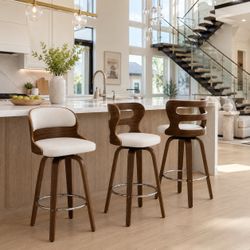 Set of 3 Swivel Bar Stools | Wood & White PU Leather | 2 Open Back + 1 Cushioned Back