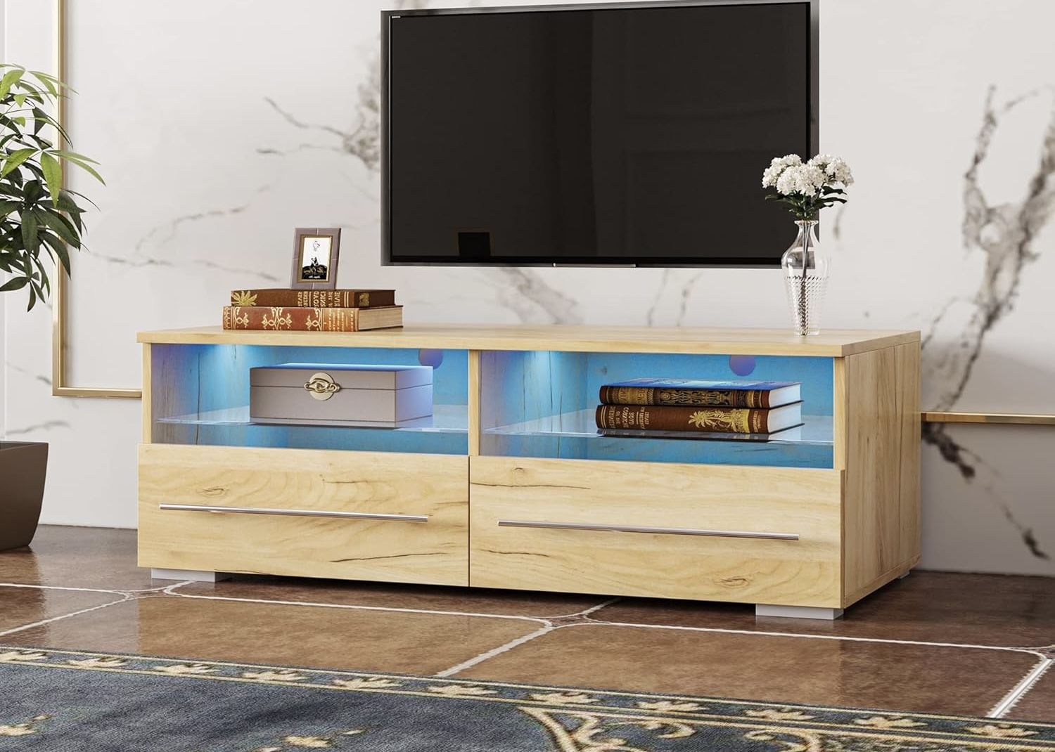 NEW TV Stand W/ Storage Drawers & LED Lights, 39” Entertainment Center, TV Console !