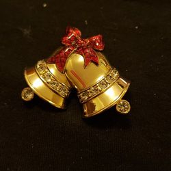   Gold & red holiday bell pin / brooch