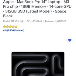MacBook Pro 14” Laptop - Apple - M3 Pro Chip - 18GB Memory 