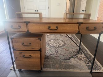 Office Desk with Mobile File Cabinet & Removable Monitor Risers – Good Condition