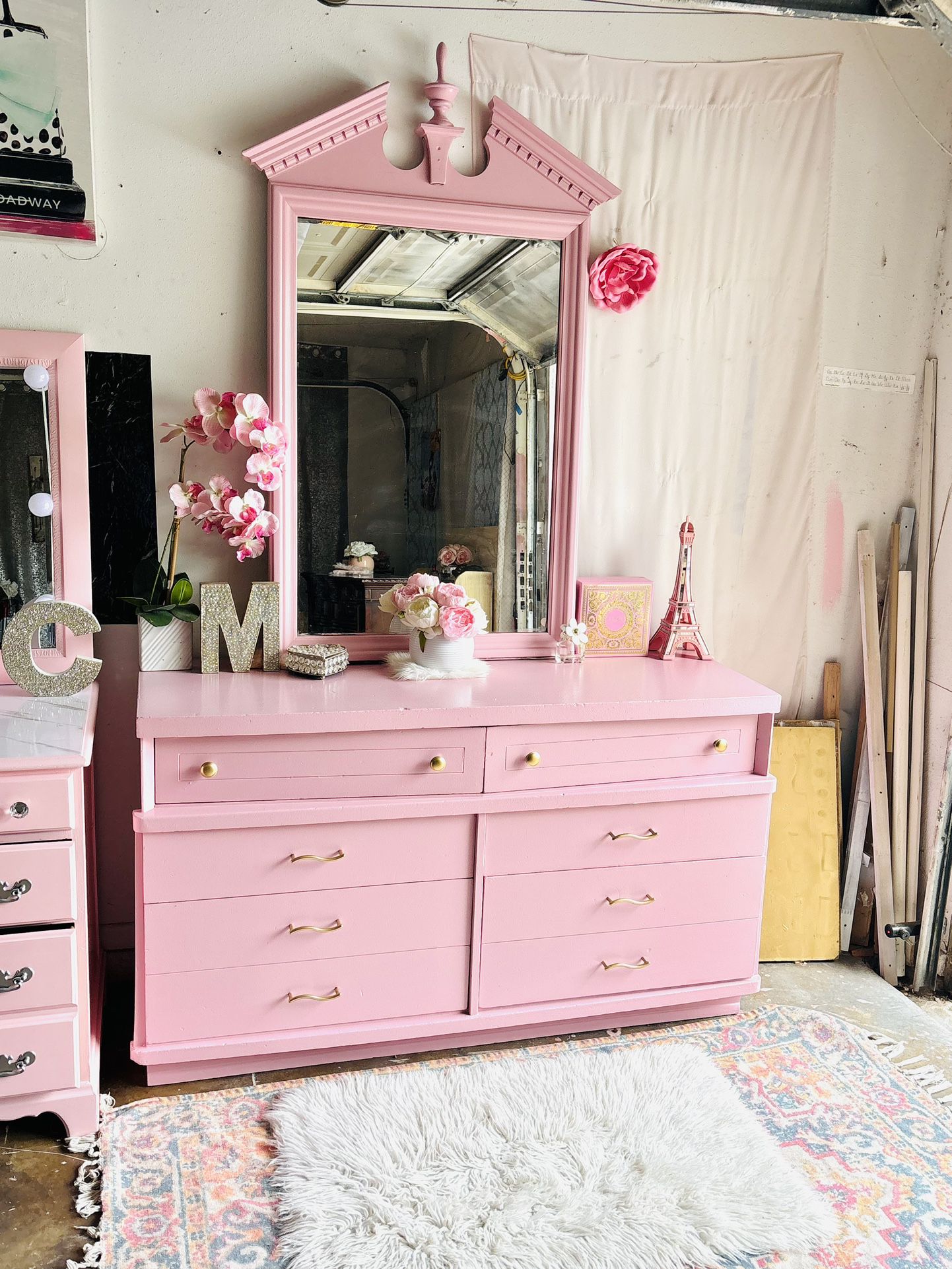 Beautiful mid century dresser with mirror in mauve pink color with gold handles 