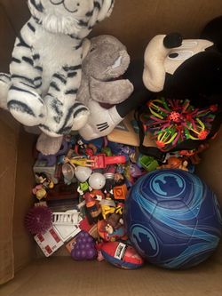Box of toys, balls, puzzle and books