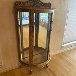 Beautiful Antique Oak Wood With 3 Glass Shelves . Curio Cabinet With Curved Glass 