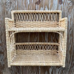 Boho MCM Natural Wicker Plant Flower Garden Wall Shelf Stand Jungalow Home Farmhouse 