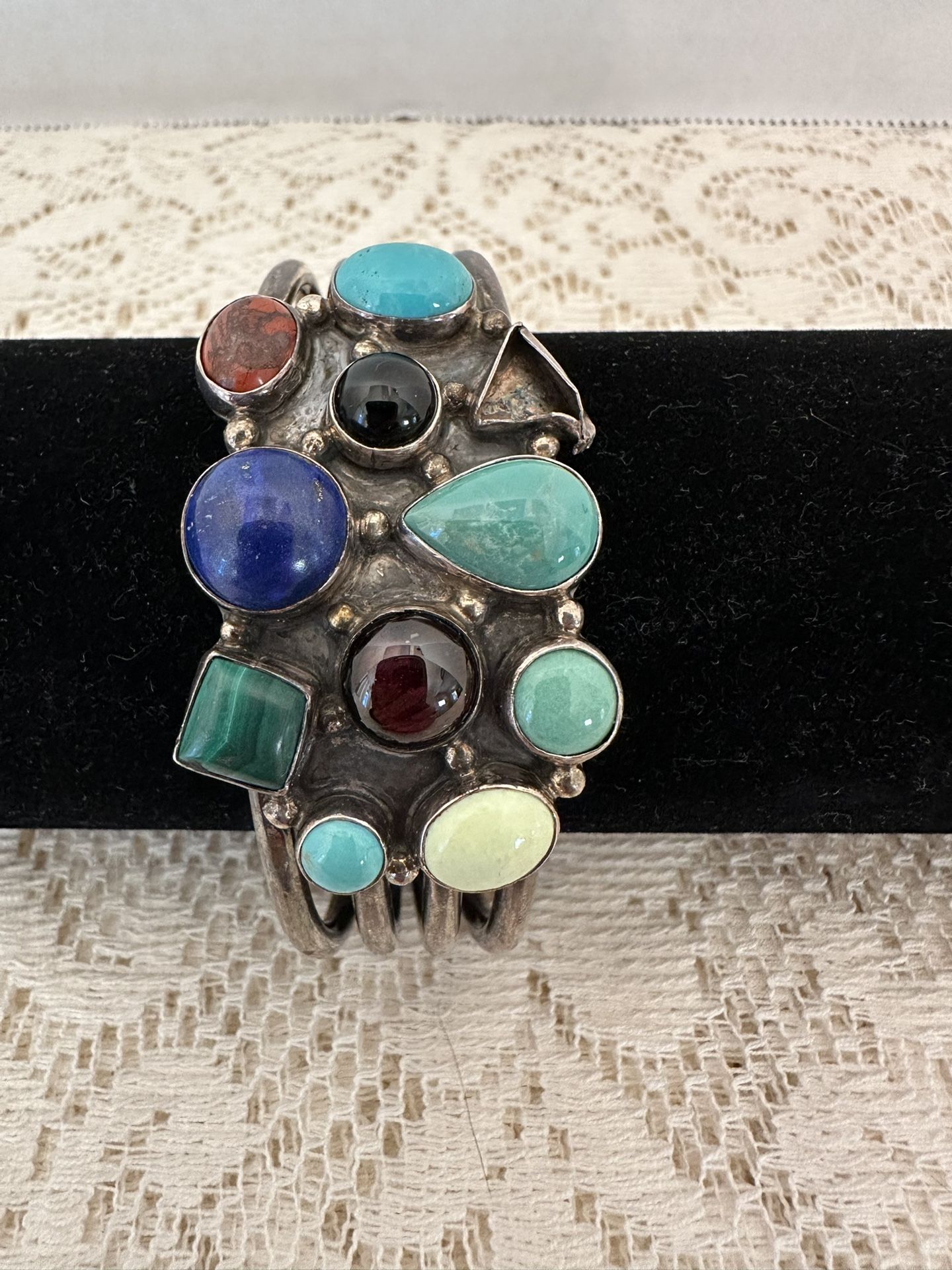 Heavy Sterling Silver Multi Stone Cuff Bracelet