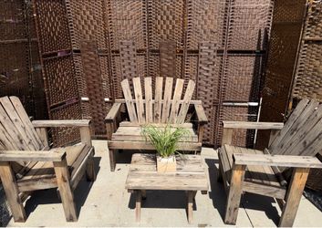 Sturdy wooden 4 piece patio set. Bench, 2 chairs, and side table.