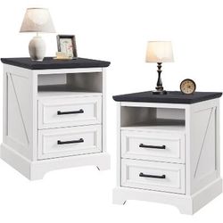 set of 2 18" Farmhouse Nightstand with Charging Station,End Table with 2 Drawers Storage,Side Table,Bedside Cabinet for Bedroom,Living Room,White  Pro
