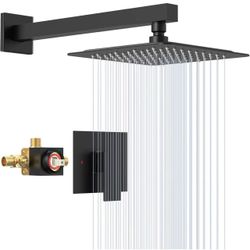 SunCleanse Matte Black Shower Faucet Set with Valve, 8 Inch Square Shower Head and Handle Set, Single Handle Shower Trim Kit with Extra Long Shower Ar