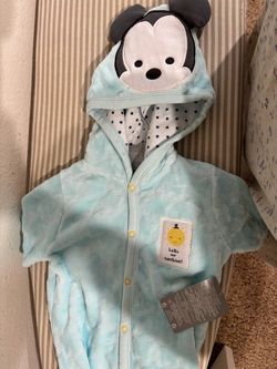 Disney Baby Mickey Mouse turquoise blue fleece footed romper and hooded sleeper outfit.