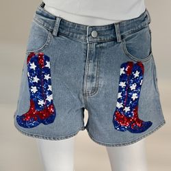 Fantastic Fawn Sequin Boots Patriotic Shorts Sz Large 