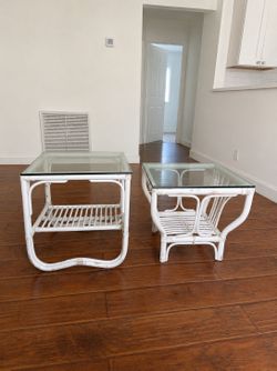 Pair of White Rattan Side Tables with Glass Tops