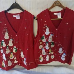 A Pair Of 1980s True Ugly Women's Christmas Button Up Vest Sweater
