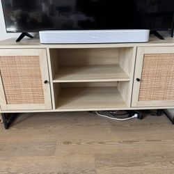 Mina Media Console | 2-Door | Wood/Rattan Finish - Matte Black-Light Oak