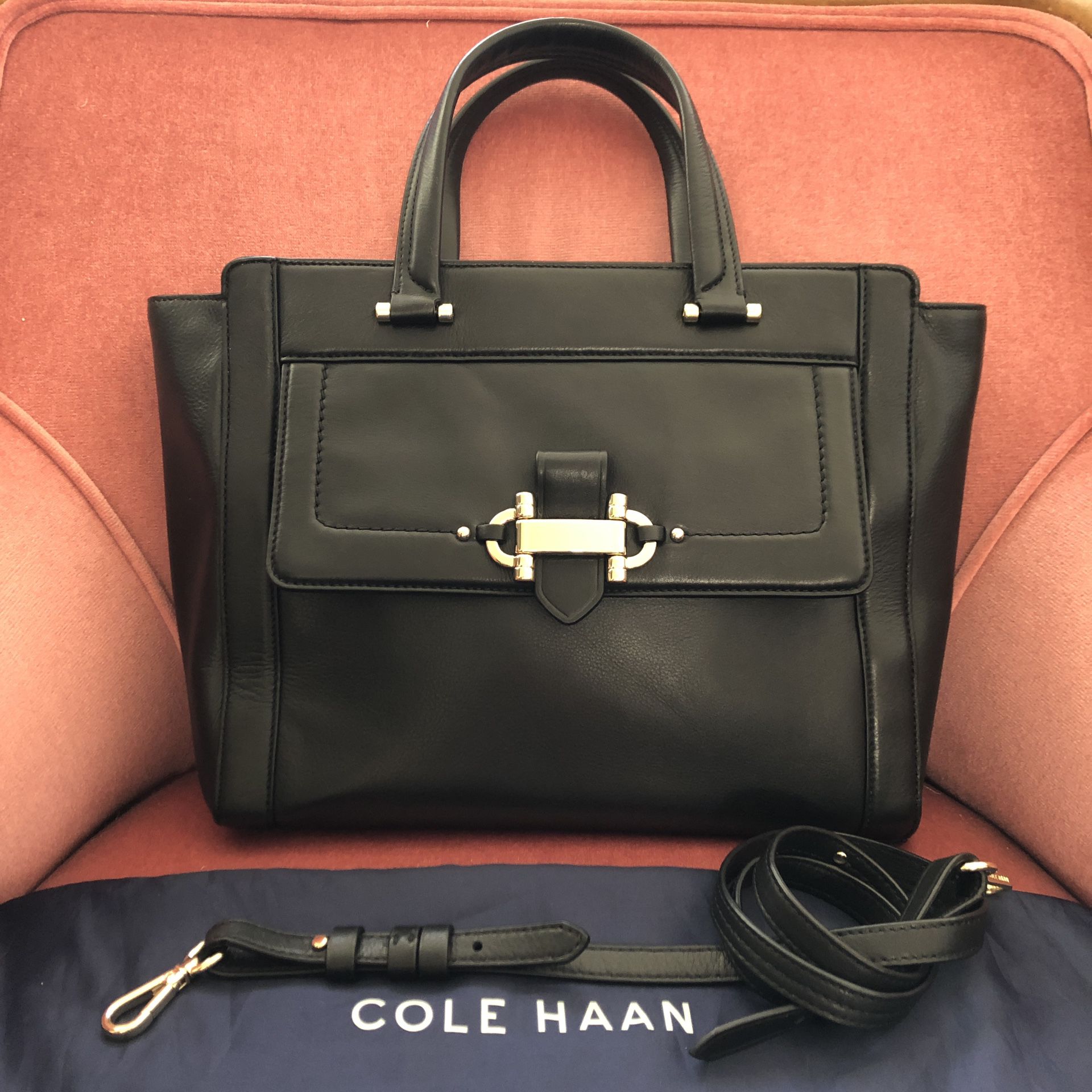 Cole Haan Women’s Black Leather Handbag Crossbody Shoulder Bag Attache Professional Office Work