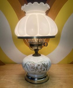 Vintage Milk Glass Hurricane Floral Parlor Lamp with Ribbed Shade 14”