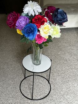Round Black Metal Side Table with Marble Top (just table $15 ; With Flowers $40)