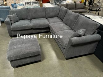 New Dark Grey Sectional Sofa And Ottoman, Corduroy Sectional, Sofa, Couch, Grey Couch, Gray Sofa, Plush Sectional Sofa Couch, Ottoman, L-Shaped Couch 