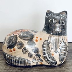 Vintage Tonala Cat Burnished Pottery Handmade Hand-Painted Folk Art Mexico 6.5”L
