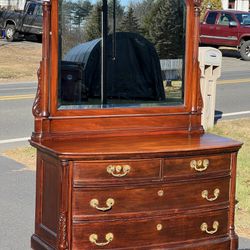 Antique Neoclassical Mahogany Bowfront Two Over Two Dresser with Beveled Glass Mirror and Great Brass Pulls c. 1880