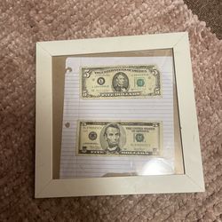 2 Old 5 Dollar Bills On A Frame .