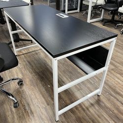 Modern 55" Computer Desk with Bookshelf/Metal Desk Grommet Hole Cable Cover (black&white )