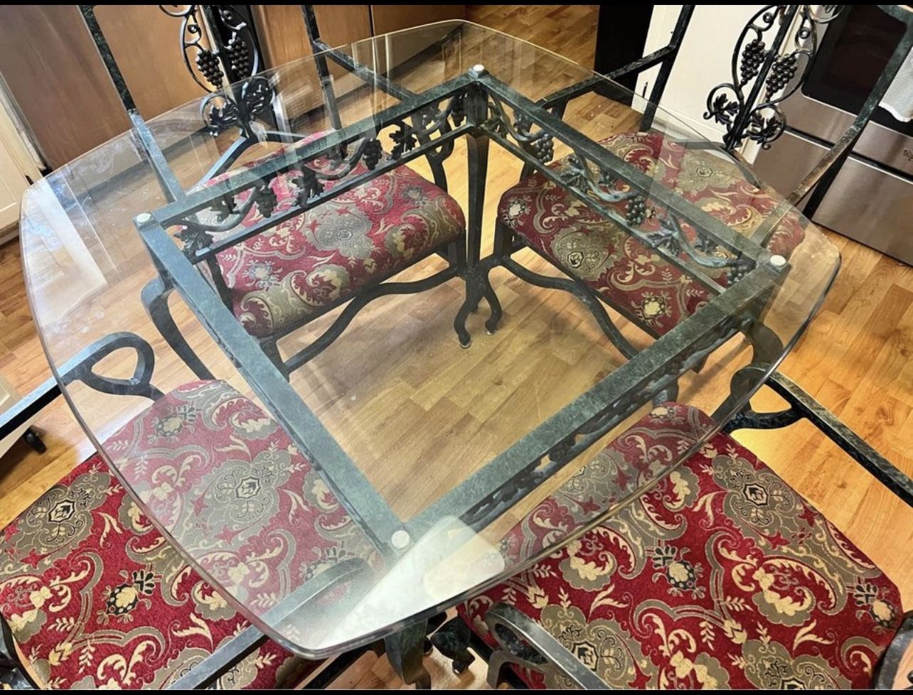 Wrought Iron Glass Table And 4 Chairs