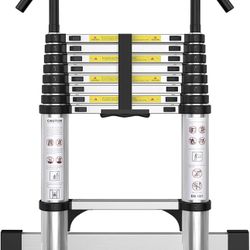 Telescoping Ladder with Hooks 8.5 FT - Aluminum Telescopic Ladder with Stabilizer - Retractable Extension Ladders for Home Loft Roof RV Work with EN13
