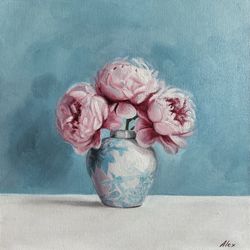 Original Art painting Oil - PEONIES IN A BLUE VASE