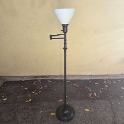 Vintage MCM Black Iron Swing-Arm Floor Lamp with Waffle Milk Glass Shade