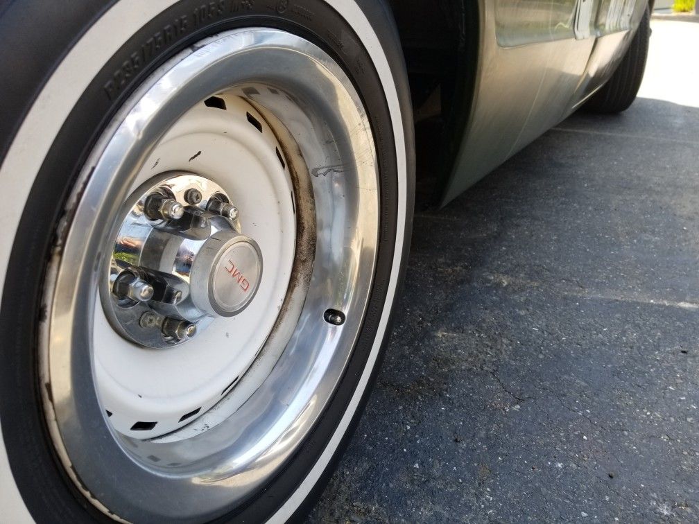 15 by 8. 5on5. Chevy truck and gmc .Rally wheels with white walls.