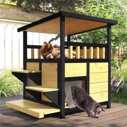 Outdoor Cat House Weatherproof, Outside Two Story Feral Cat Shelter with Escape Door, Scratching Mat, Pull-Out Bottom, Playful Cat Condo for Small & M