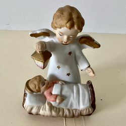 Vtg. Angel in Gown w/ Gold Stars Holding Lantern Standing Over Jesus In Manger 4” Tall Bisque Porcelain Hand-Painted Star 555